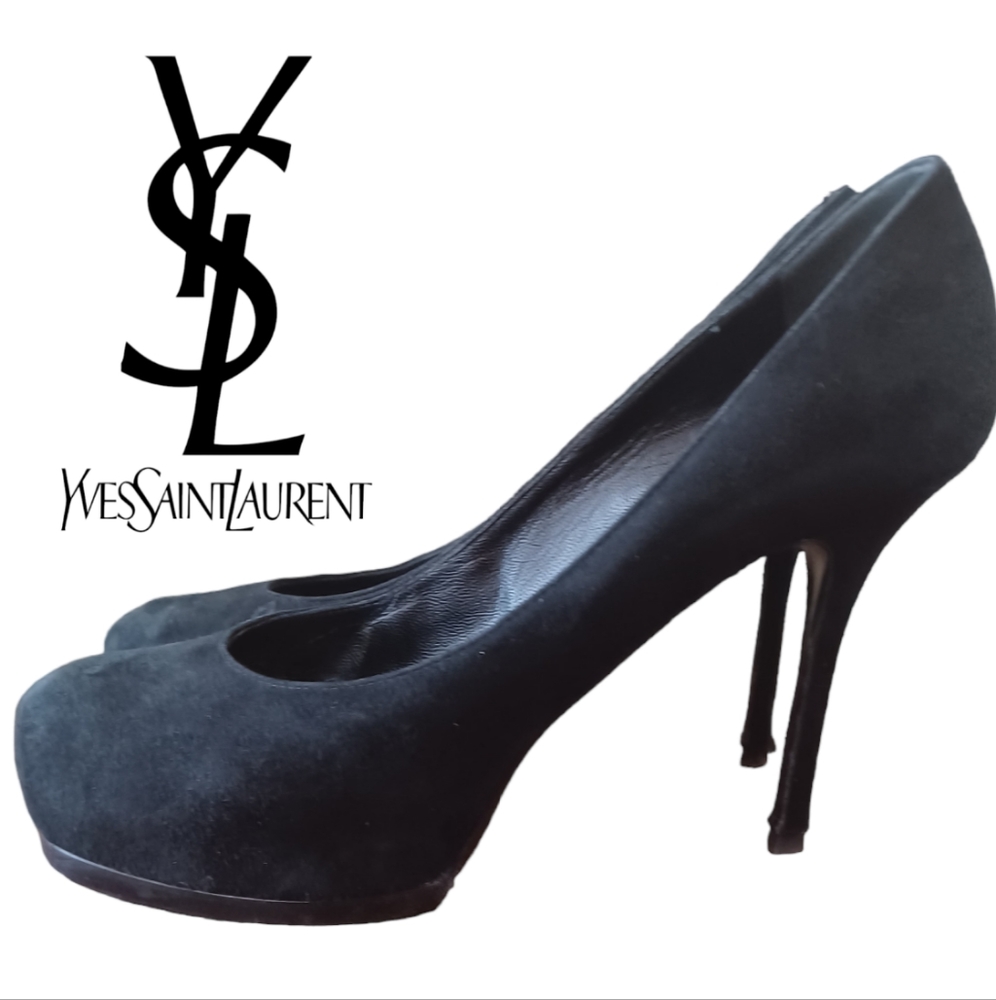 YSL Yves Saint Laurent Tribtoo Black Suede Leather Platform Pump